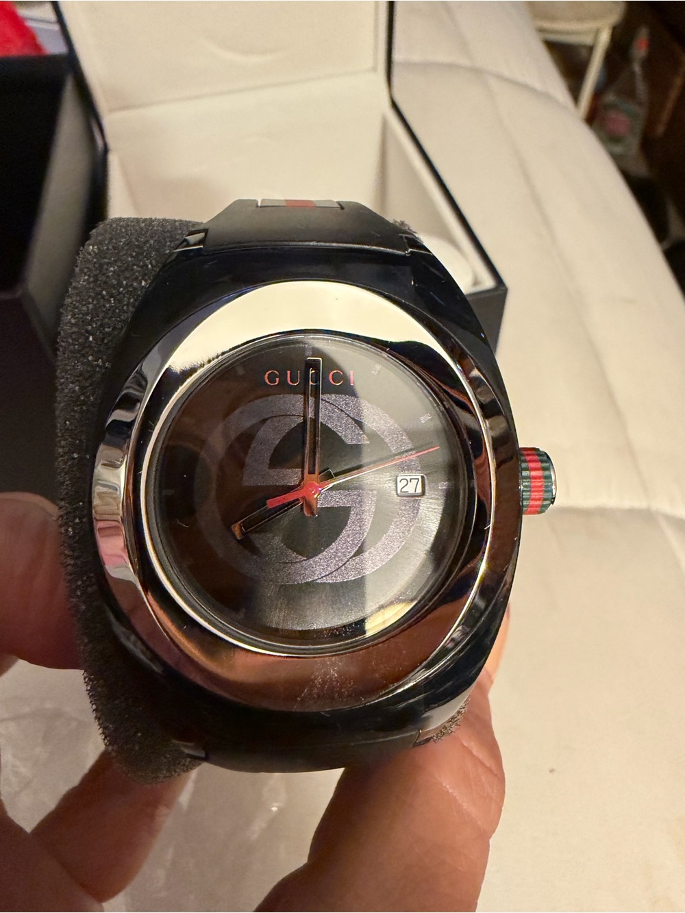 Gucci Black Watch with Silver Dial and Red Accents with box